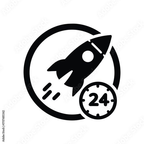 Speedy twenty four hour service symbol displays a rocket in motion within a circle