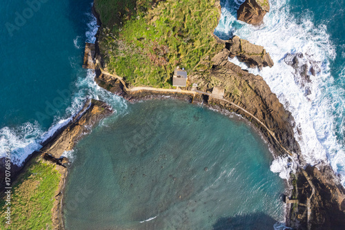 Ilheu de Vila Franca do Campo aerial top down view in Sao Miguel Azores