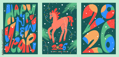 Happy New Year 2026 greeting card poster rectangle templates set. Cartoon playful trendy lettering, big hand drawn distorted letters numbers. Cute quirky chinese zodiac symbol fire horse illustration