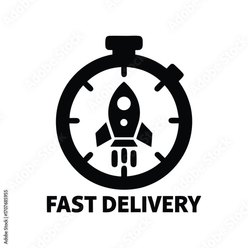 Stopwatch encompassing rocket with propulsion symbolizes speedy or rapid shipment and delivery