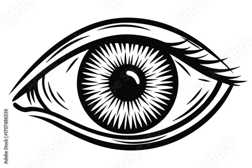 Striking black and white stylized eye with expressive lashes dramatically captures viewers attention