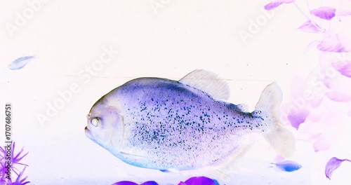 4K cinematic abstract shot of a fish in negative color effect, creating a surreal underwater composition with vibrant contrasts and artistic tones.