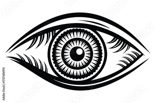 Stylized black eye with intricate pupil and sharp lashes looks intense against white