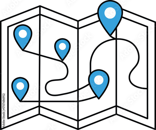 Folded Map with Location Pins and Route Lines navigation travel