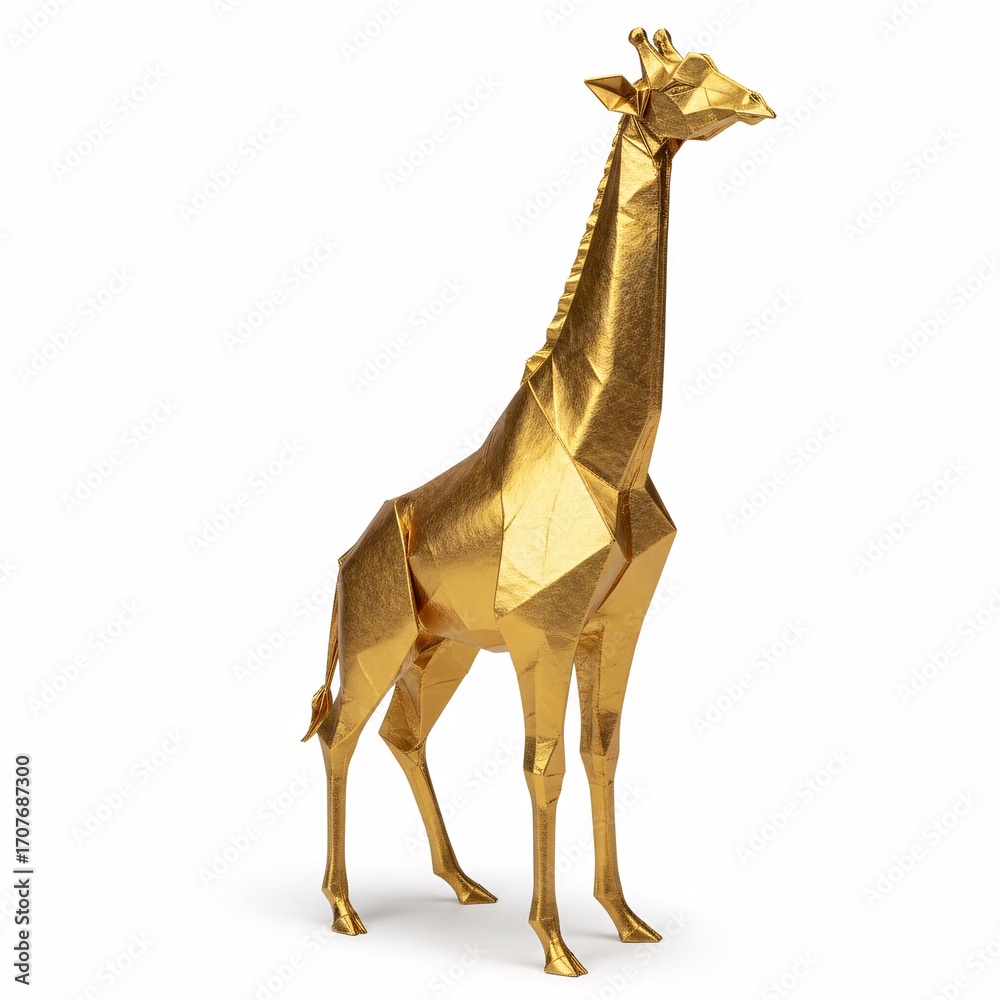 Naklejka premium A gold faceted giraffe sculpture stands on a white surface,
