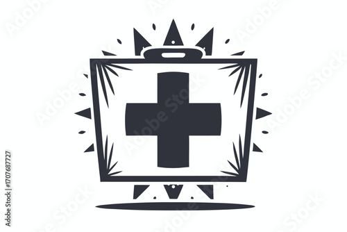 Stylized first aid kit icon displays medical symbol amidst decorative spiked border