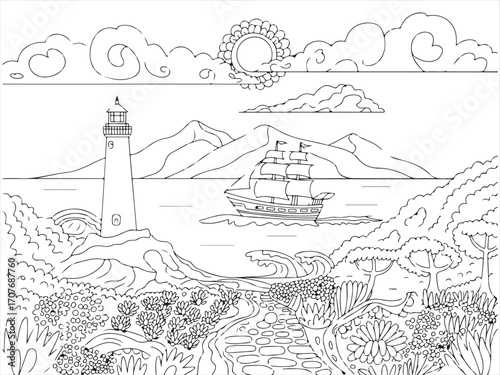 Scenic seascape coloring page featuring lighthouse, path, and ship on the horizon