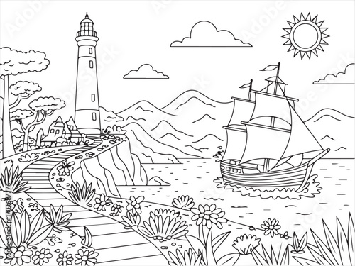 Nautical scene line art with lighthouse, mountains, clouds, sun, and sailing vessel