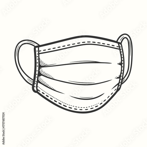 Stylized gas mask with symmetrical filters and a breathing valve is featured in black lines