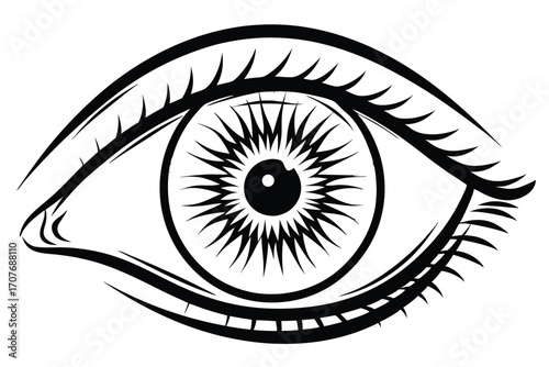 Stylized monochrome eye gazes intensely with prominent eyelashes, brow, and detailed iris radiating boldness