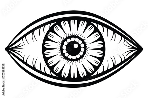 Stylized monochrome eye shows flower petal patterns around a central pupil image