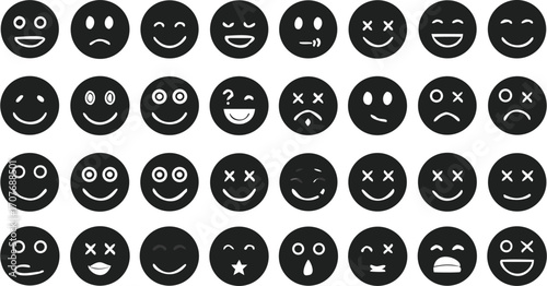 Collection of thirty five black and white emoji faces displaying various expressions and emotions