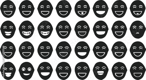 A collection of thirty five black and white smiling faces arranged in a grid pattern expressing joy