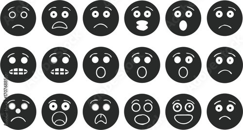 Illustration of various black and white emoji icons displaying a range of different facial expressions