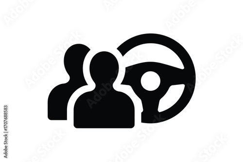 Group of people and steering wheel icon representing shared driving or carpooling
