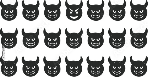 A collection of twenty one black devil emojis arranged in a rectangular grid pattern on a white background