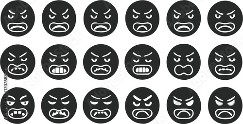 Collection of black and white angry emoji faces with different expressions and mouth shapes displayed
