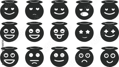 Collection of fifteen black emoji icons with different facial expressions and a small hat on top of each one