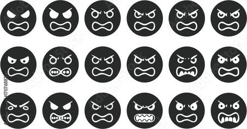 Illustration of a collection of black and white angry face emojis with different expressions in a grid layout