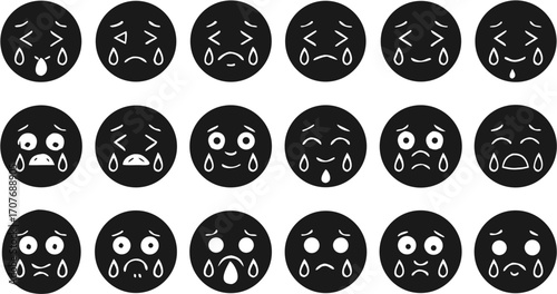 Collection of black circular crying emoticons with different facial expressions and white outlines