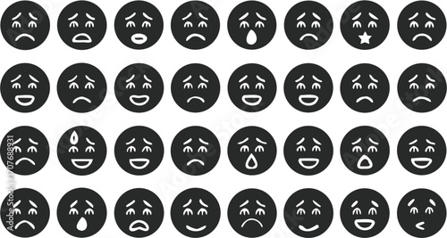 A collection of black circular emoji icons displaying a range of different facial expressions and emotions