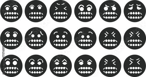 Various black and white angry face emojis arranged in rows and columns with different expressions shown