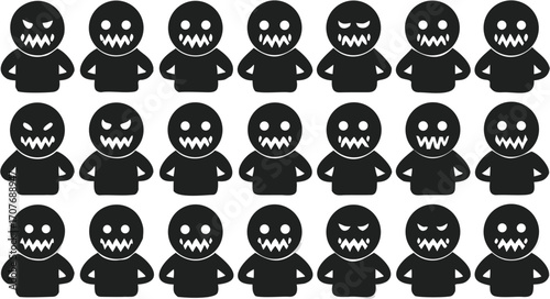 A pattern of twenty one black monster figures with sharp teeth arranged in rows on a white background