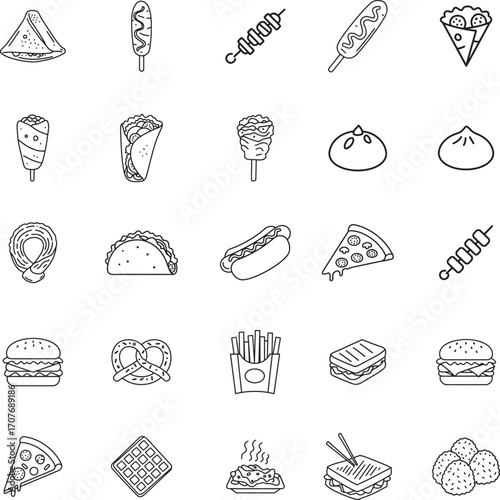Street Food and Snack Doodle Icon Set