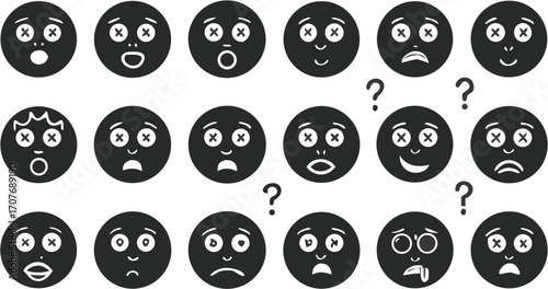 Collection of black circular emoticons with x eyes expressing various emotions and question marks above
