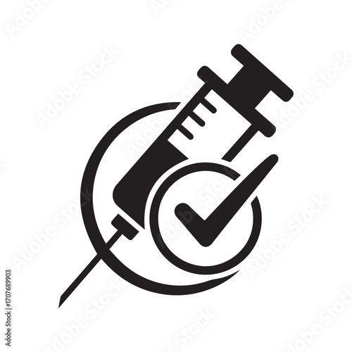 Vaccinated icon, syringe with check mark glyph. Approved vaccination, successful immunization, or completed injection symbol.
