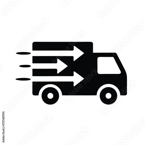 The fast black delivery truck shows speed with white arrows going forward swiftly