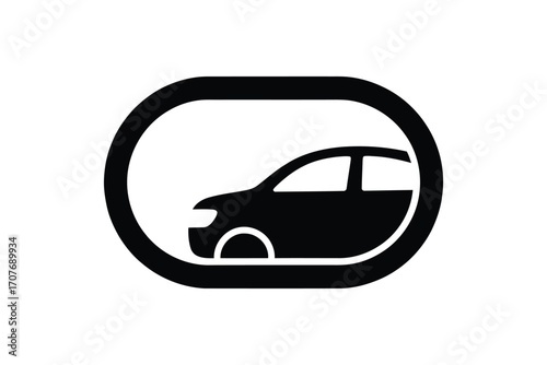 Simple black silhouette of a car inside an oval frame