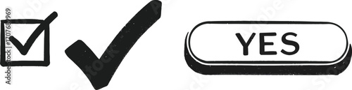 Black and white yes button with checkmark and tick on transparent background
