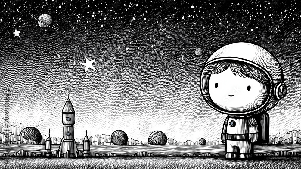 Fototapeta premium Kolorowanki dla dzieci – kosmos, planety, rakiety i astronauci do kreatywnego malowania i zabawy edukacyjnej
