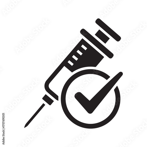Vaccinated icon, syringe with check mark glyph. Approved vaccination, successful immunization, or completed injection symbol.

