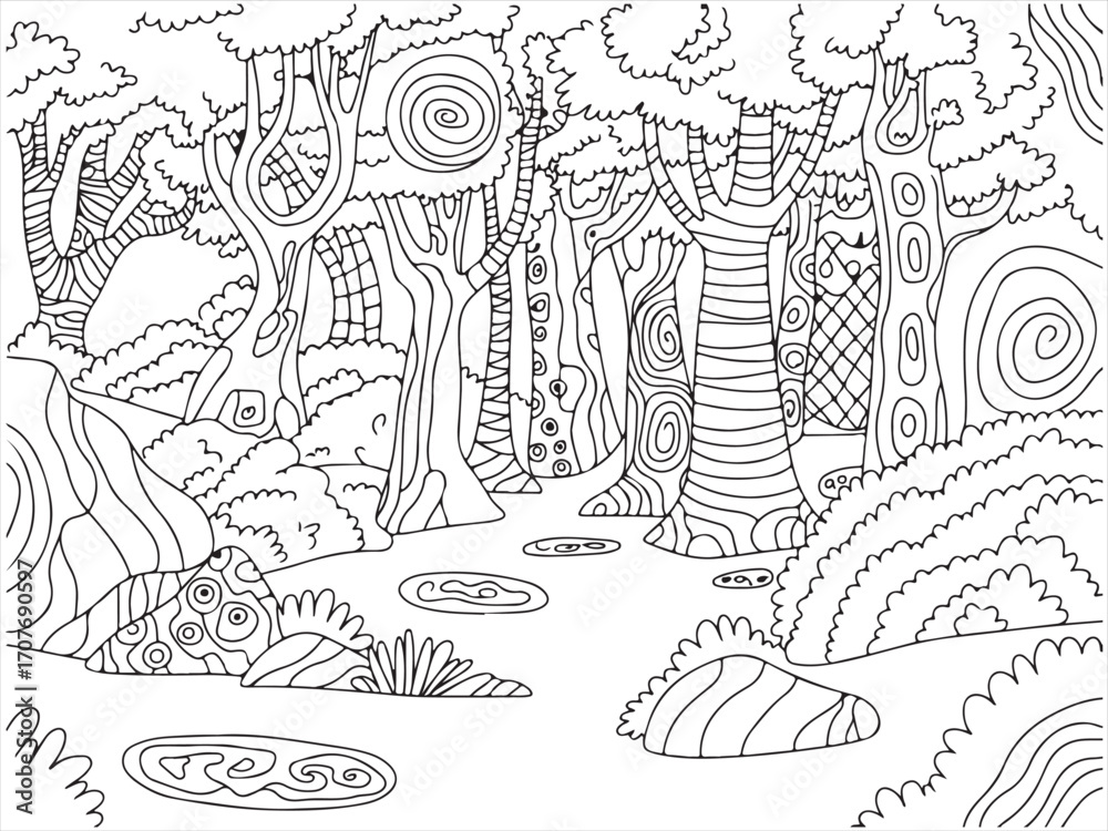 Naklejka premium Fantasy enchanted forest coloring page with whimsical trees, swirls, nature landscape illustration for relaxation and mindfulness adult or kids activity book