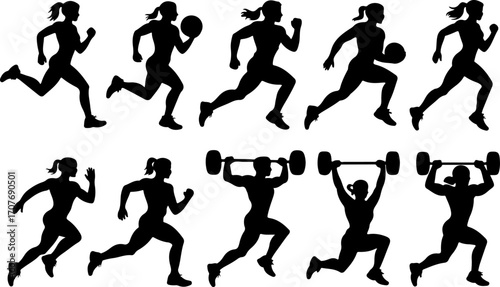 "Female Athlete Silhouettes – Running, Fitness, and Weightlifting"
