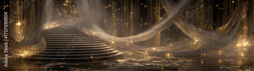 Magical and grand interior with glowing staircase on mysterious stage. fantasy scene feels ethereal, with flowing gold fabric and sparkling lights creating an enchanting atmosphere