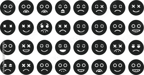 Collection of black and white emoticon faces showing various expressions and emotional states in a grid layout