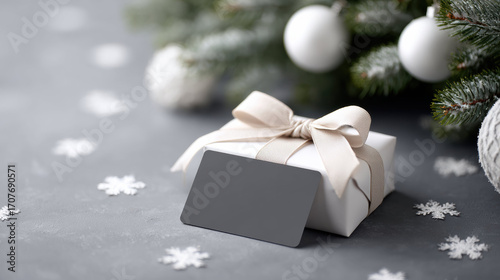 Elegant christmas gift box with blank card mockup for sustainable holiday celebration. White ornaments and snowflake confetti create serene and festive winter scene