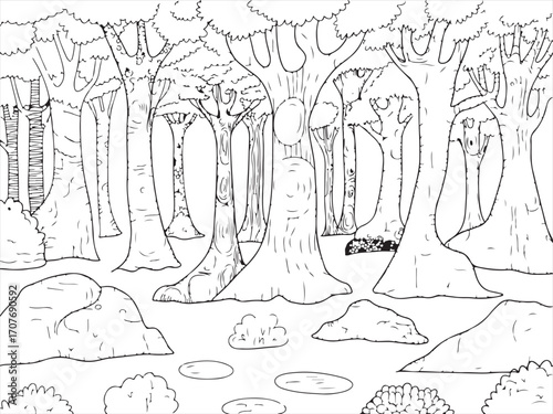 Fantasy woodland scene line art for stress relief coloring activity with detailed tree designs