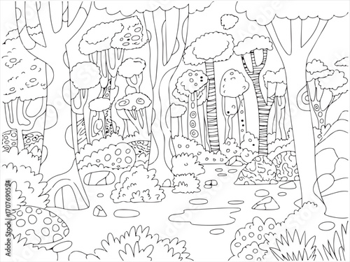 Intricate enchanted forest coloring page with swirly tree patterns and magical woodland landscape