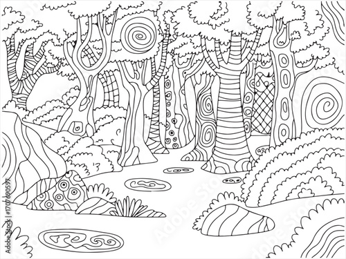 Fantasy enchanted forest coloring page with whimsical trees, swirls, nature landscape illustration for relaxation and mindfulness adult or kids activity book