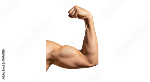 Isolated flexing muscular arm with contracted biceps on a neutral background showcasing power