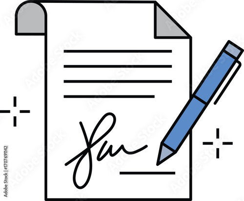 Document with Signature and Blue Pen writing signing