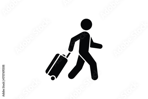 Silhouette of a person walking with a rolling suitcase