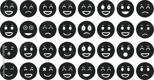 A collection of thirty five black and white emoji icons displaying various expressions and emotions