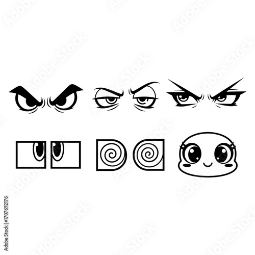 Set of cartoon character eyes with different expressions like anger cute and hypnotic for mascot vector art