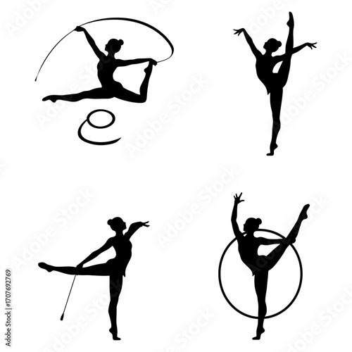 Rhythmic Gymnastics Silhouettes Dynamic Poses Showcasing Grace, Agility, and Artistry with Ribbons, Hoops, and Batons