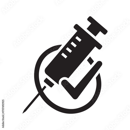 Vaccinated icon, syringe with check mark glyph. Approved vaccination, successful immunization, or completed injection symbol.
